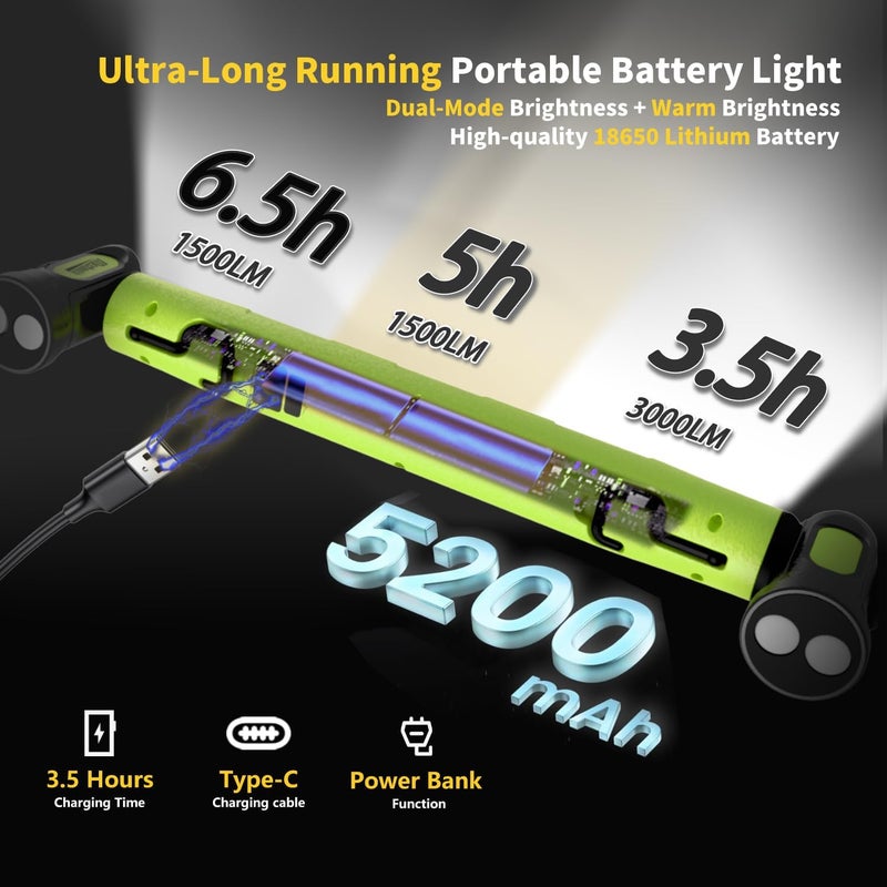MechaniLite شريط ضوء العمل تحت الغطاء، 3000LM شريط ضوء LED مغناطيسي مع خطافات، 5200mAh ضوء غطاء قابل لإعادة الشحن بدون سلك للميكانيكي/إصلاح السيارات/المرآب - أخضر - Image 3
